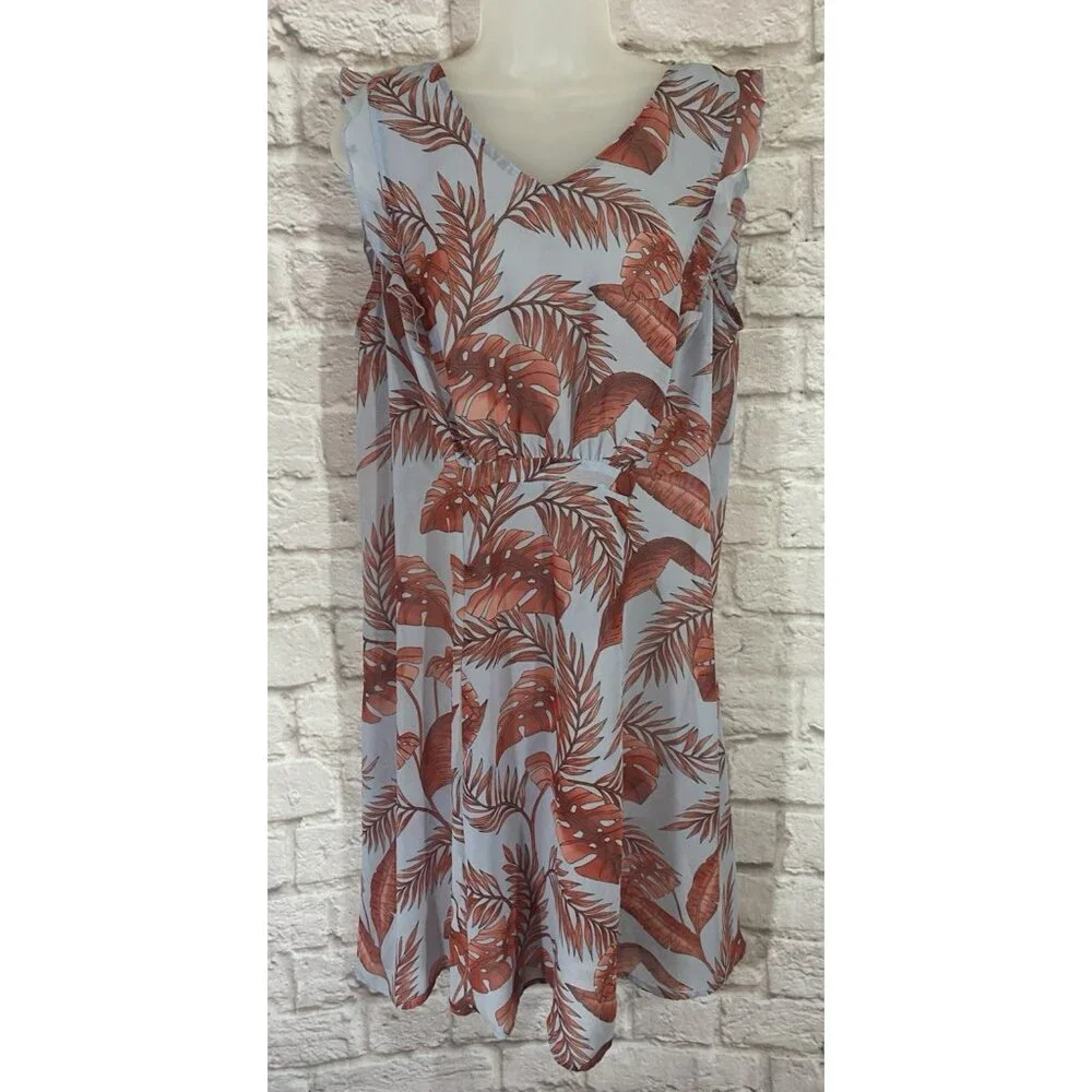 CAbi 5381 Isabel Blue Coral Palm Leaf Print Ruffle Summer Dress M Tropical Beach